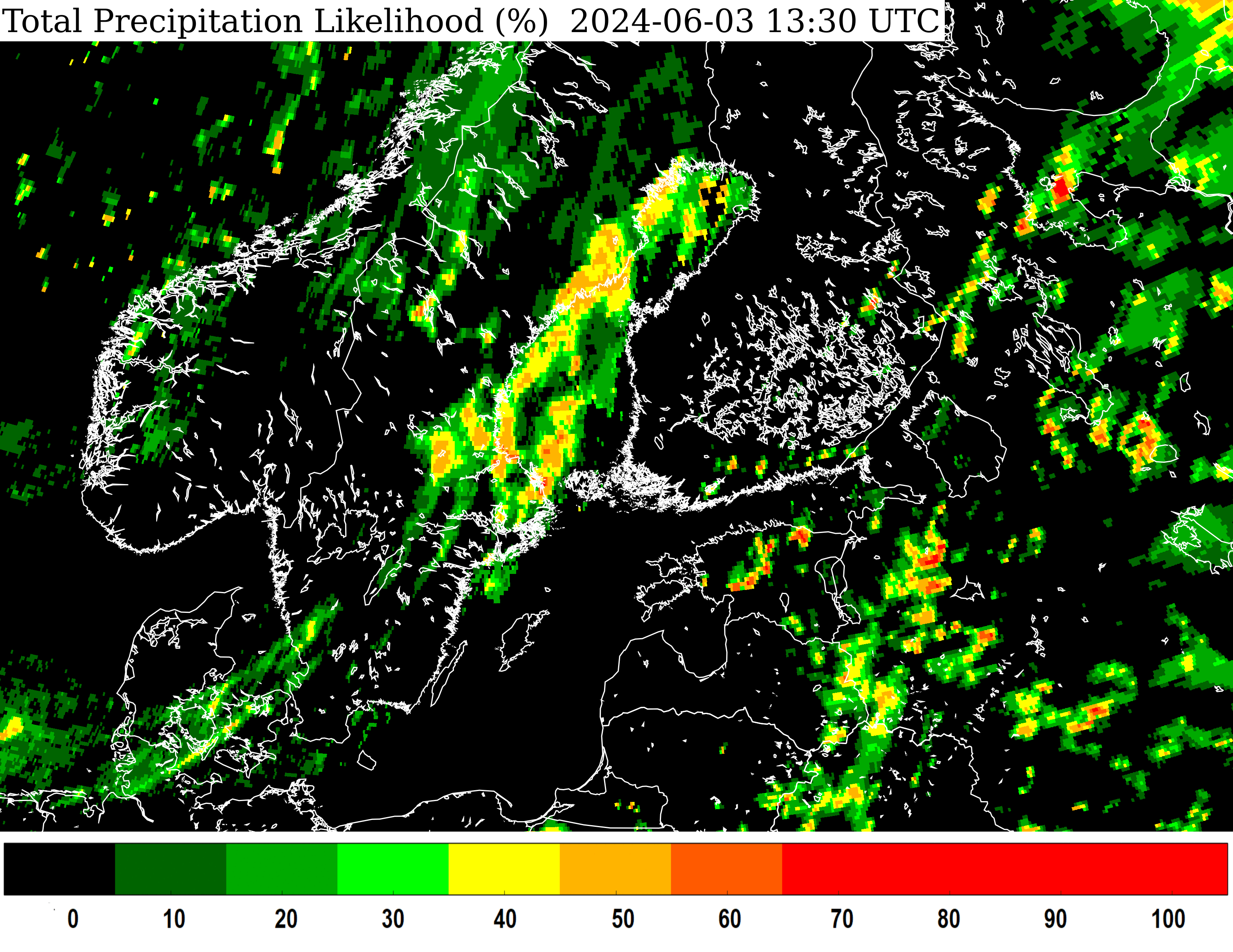 NWCSAF Total Precipitation Likelihood   Satelliidiprodukt: Meteosat-11 + mudeliarvutus  Kasutusala: sademete tõenäosuse hindamine   Pildil on tugevad vihmasajud Pärnu piirkonnas 03.06.2024 (Pärnus mõõdeti 24 tunniga 52,5 mm sademeid).