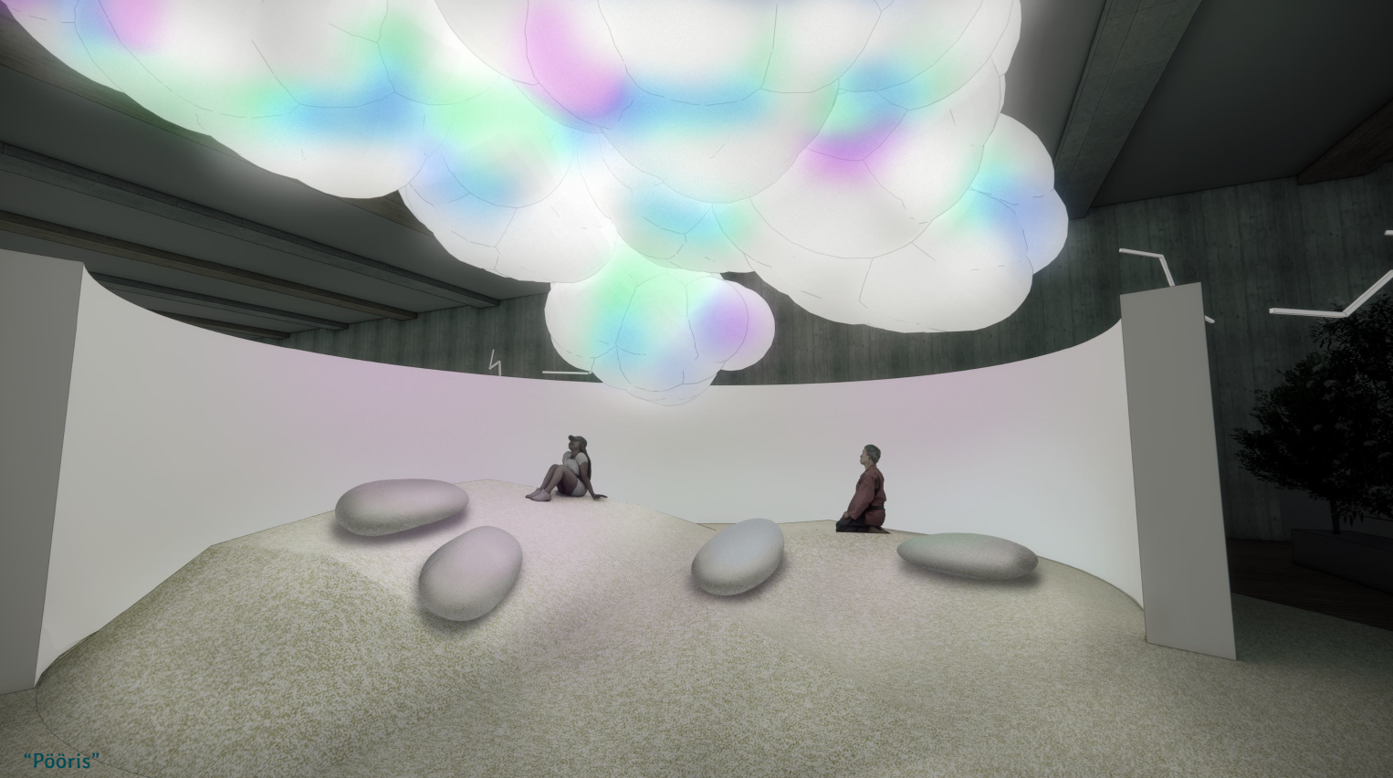 näituse konseptsioon, mägi, kivid, inimesed, pilved ruumis