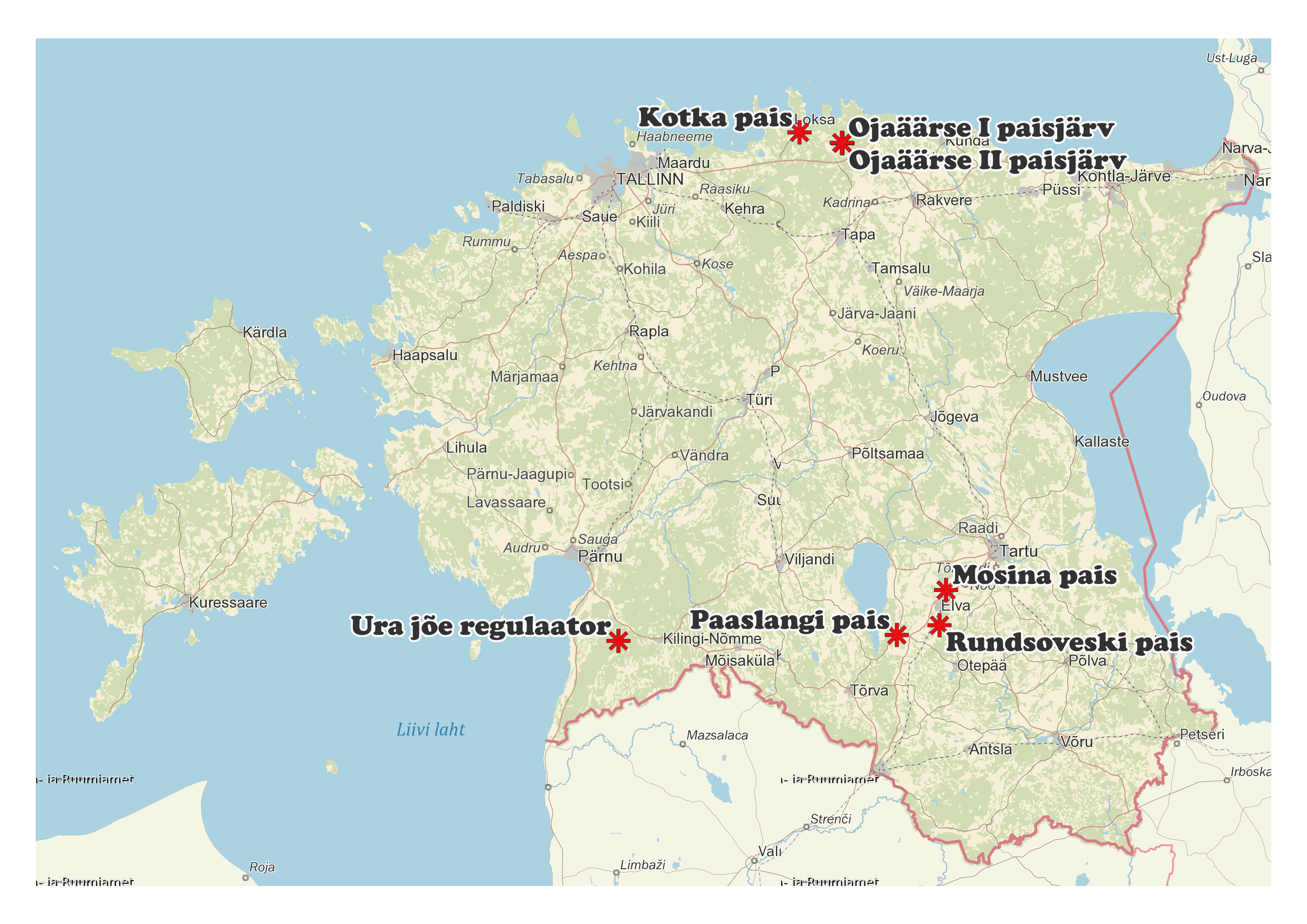 Eesti kaart, kuhu märgitud paisude asukohad